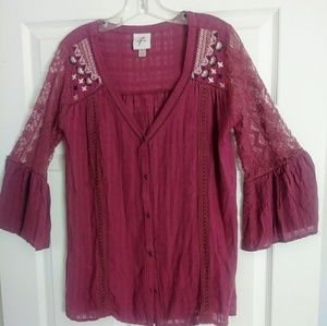 KNOX ROSE - Button Down Embroidered Boho Top